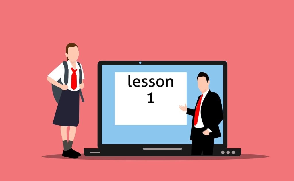 Student attending an online lesson while a teacher teaches through a laptop during a virtual class