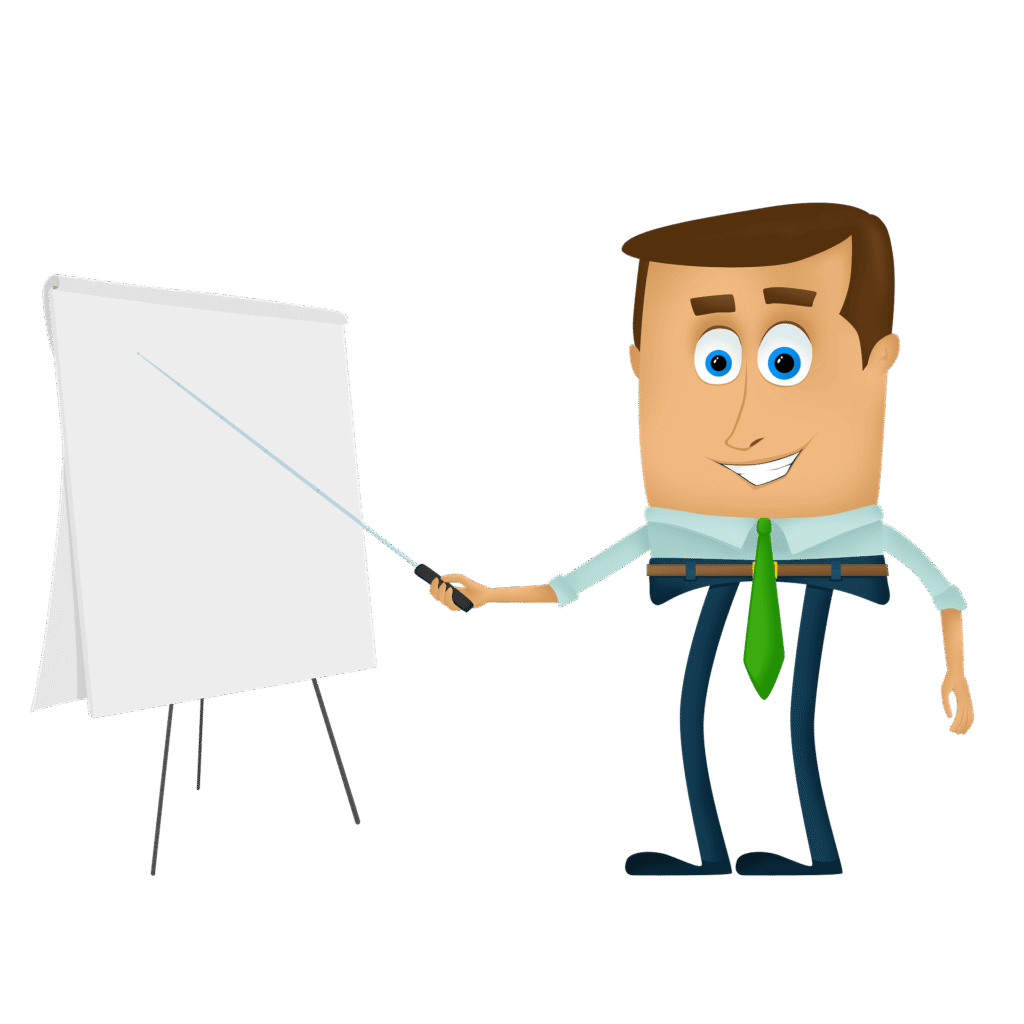 Cartoon businessman using a pointer to present on a blank flip chart, representing teaching, training, guidance, or business presentations.